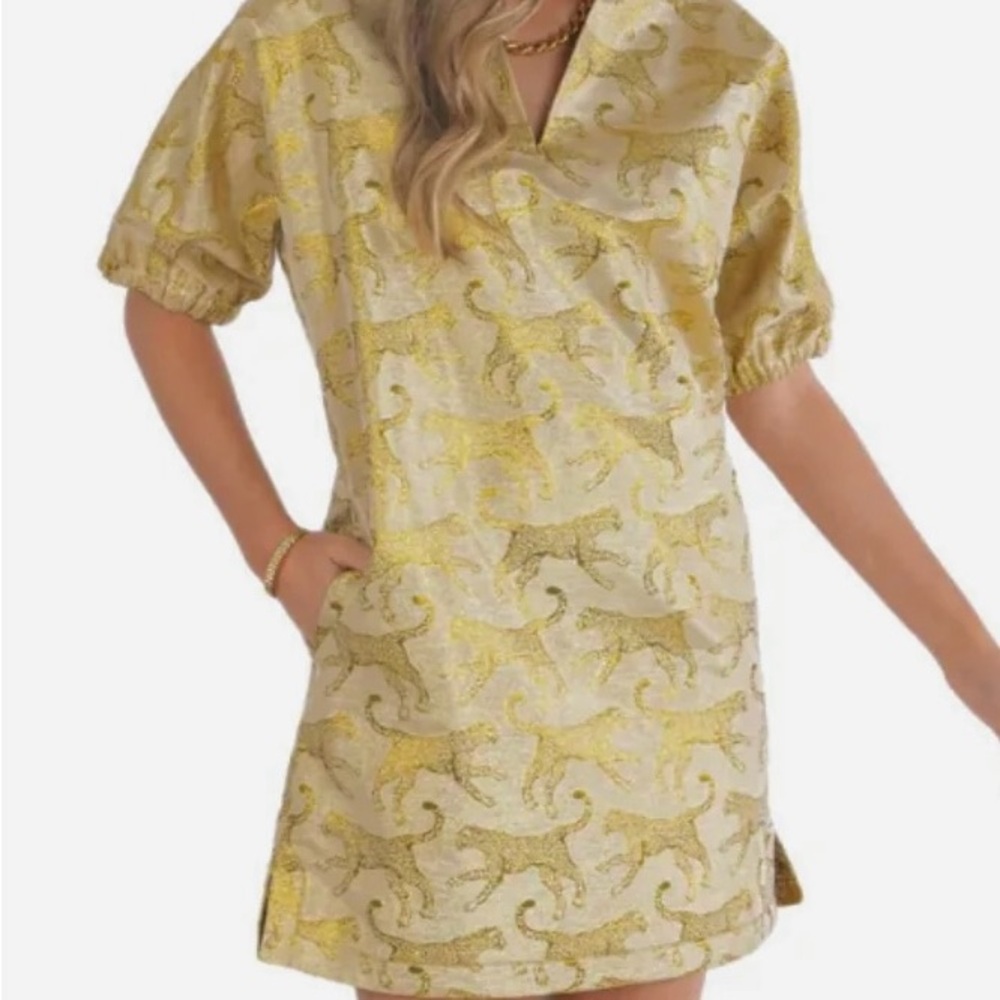 NWT Emily McCarthy Poppy Dress Gold Cheetah Print Medium